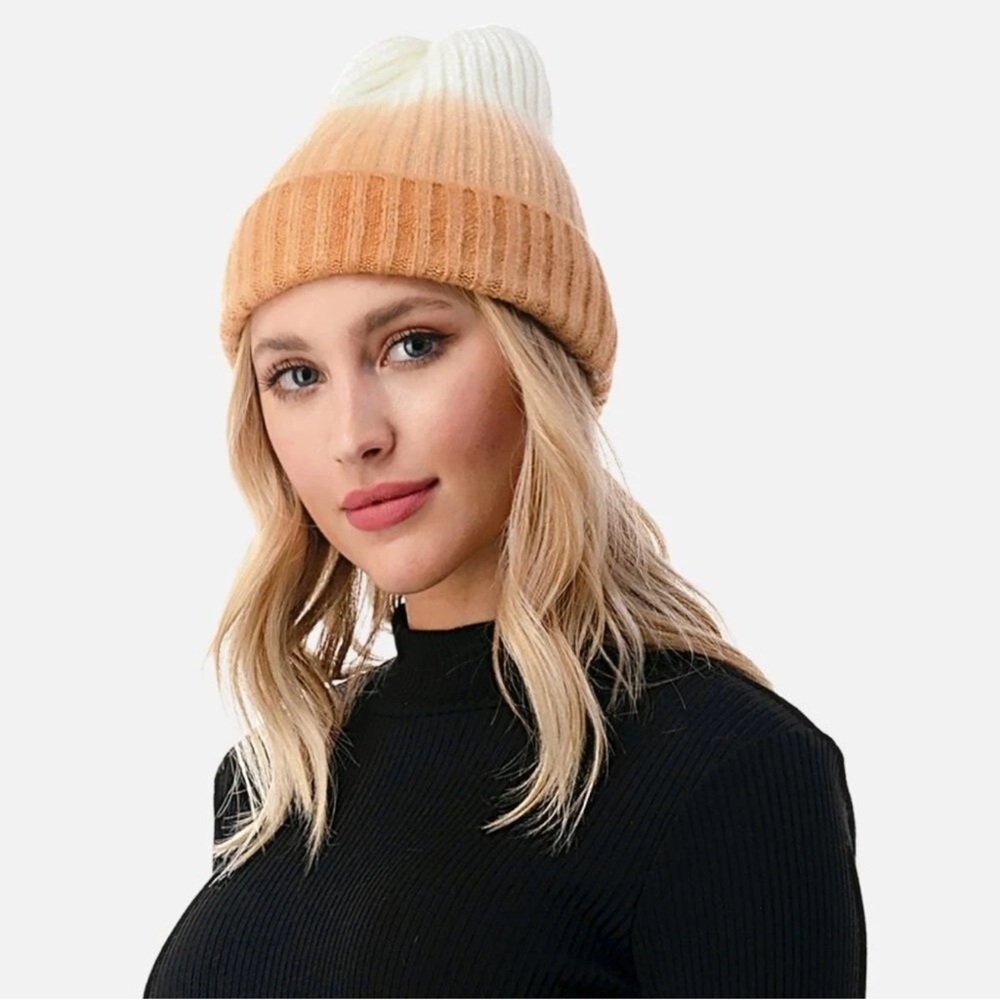 Cozy Knit Beanie Hat Mustard Ombre Gradient Warm Winter Cap Soft Stretchy